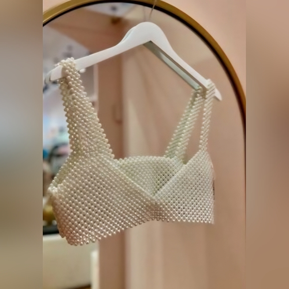 Unlisted Tops - Festival Faux Pearl Crop Top Bralette Beaded Tank Cami Top
